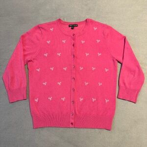 Cable & Gauge Cardigan Pink White Bows Size Large Coquette Elle Woods Barbiecore